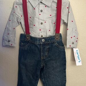 New* Carter's 6M Striped/heart Shirt with Red Suspenders